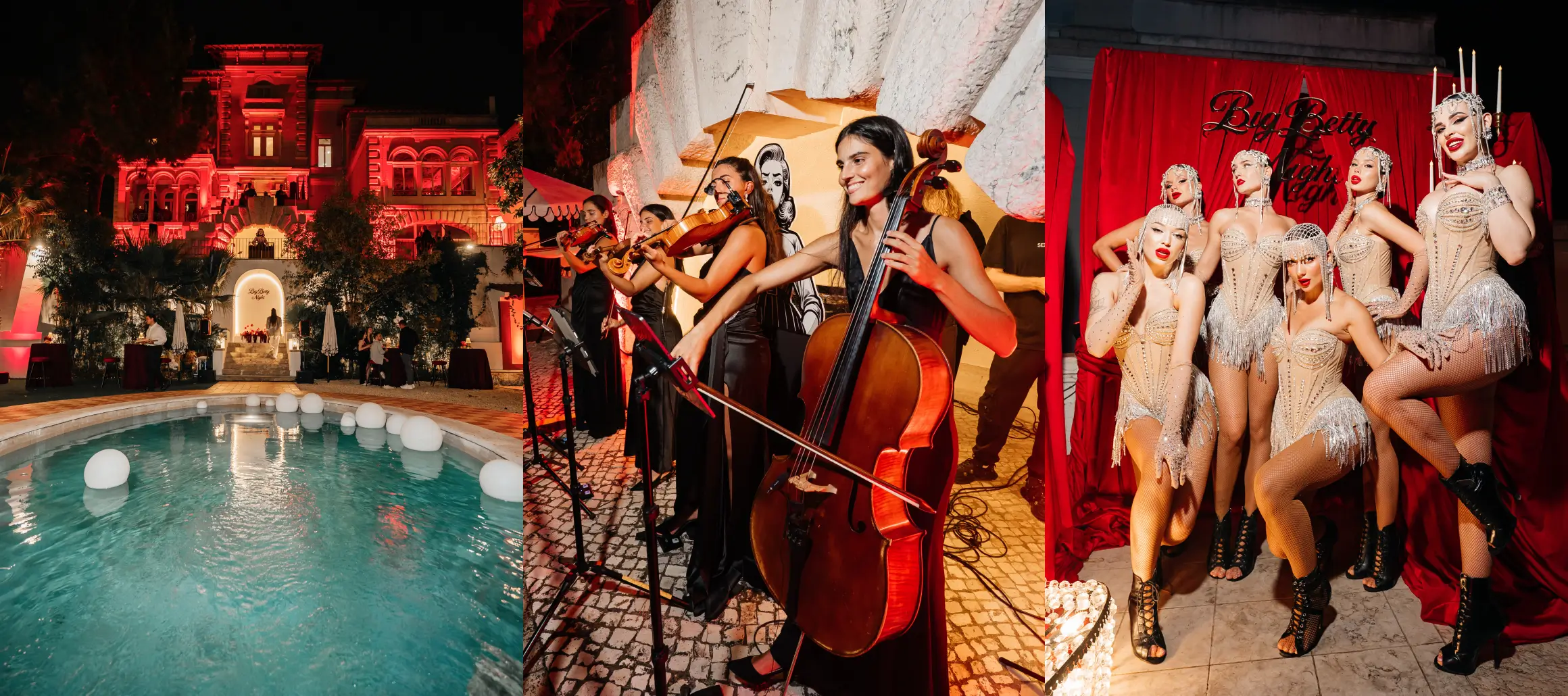 Palacete Virtvs at night: the pool, Eluma Strings, and cabaret dancers at The Big Betty Night in Lisbon