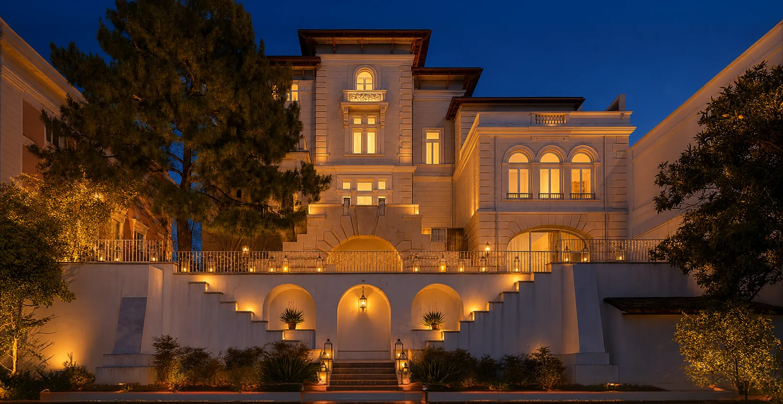 Virtus Palace villa in Lisbon lit up at night